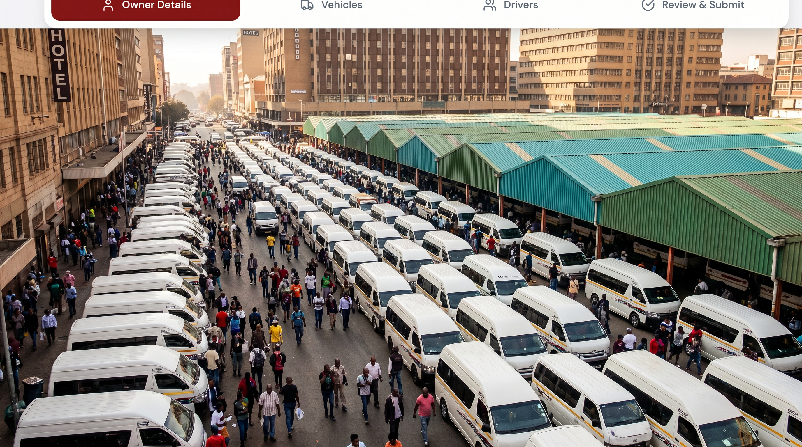 Bree taxi rank in Johannesburg CBD with rows of white Toyota Quantum minibus taxis
